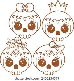 Vector set cute skull line art