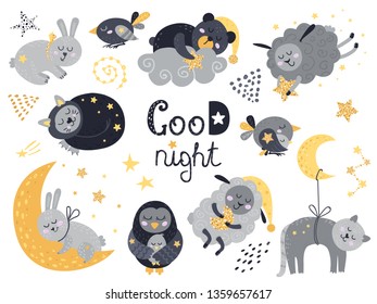 Vector set of cute sleeping animals. Vector illustration for your design