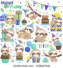 A Vector Set Of Cute Sloth Celebrating Birthday With Cakes And Many Gifts