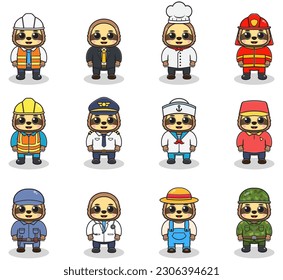 Vector set of cute Sloth with different professions. Cartoon cute Sloth dressed in different occupation uniform. Vector characters with jobs different occupation.