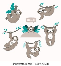 Vector set of cute sloths in different positions. Cartoon funny kawaii characters. Can be used for cards, flyers, poster, t-shirt.