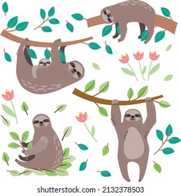 Vector set of cute sloths hanging on the tree includes mother with baby. Hand drawn collection of funny sloth, flowers, branch. Adorable rainforest animals isolated on white background