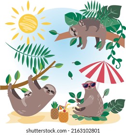 Vector set of cute sloths hanging on the tree includes mother with baby. Hand drawn collection of funny sloth on holidays. Adorable rainforest animals isolated 