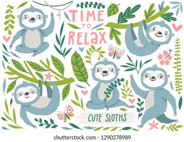 Vector set of cute sloths, leaves and flowers. Funny cartoon characters are isolated on white background. Summer kids print with sloths and butterflies. 