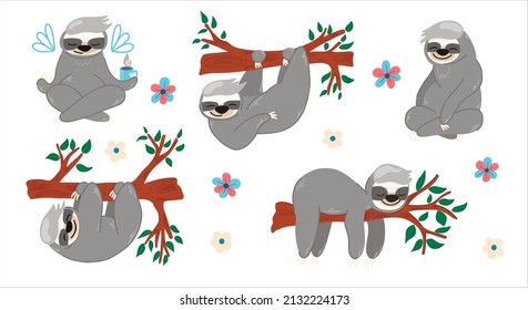 Vector set with cute sloths on a tree, cute animal, cartoon-style children's illustration, for fabrics, postcards, posters, clothes.