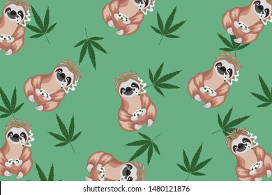 Vector set of cute sloths,adorable cartoon animal background,pattern with marijuana leaf.