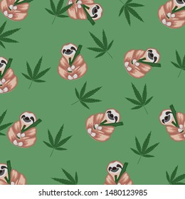 Vector set of cute sloths,adorable cartoon animal background,pattern with marijuana leaf.