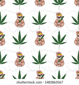 Vector set of cute sloths,adorable cartoon animal background,pattern with marijuana leaf.