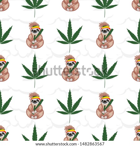 Vector set of cute sloths,adorable cartoon animal background,pattern with marijuana leaf.