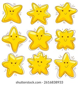 Vector set of cute smiled cartoon stars with scribble strokes. Collection of naive stars clip arts with face expression for stickers and planners. Achievements and magic. 