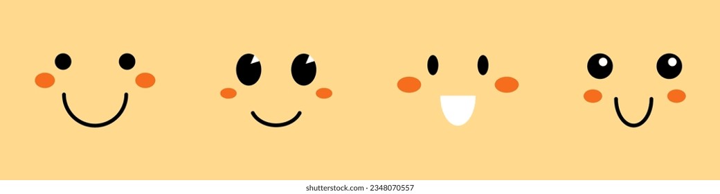 Vector set of cute smiling faces. Kawaii positive face collection. Cute emoticons in flat design. Positive cute faces with blush.