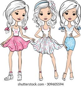 Vector set cute smiling fashion girls in pink, white and blue skirts and shirts