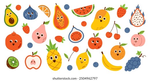 Vector set of cute smiling fruits. Summer funny fruits with faces. Baby fruit characters. Collection of happy smiling childish nature summer food. Exotic and tropical fruits.