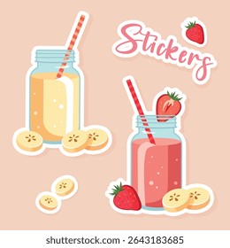Vector set of cute smoothie jar stickers with strawberry and banana on light background. Fun fruity drink illustrations for kids, summer decor, holiday sales, textile design, and digital products