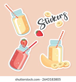 Vector set of cute smoothie jar stickers with strawberry and banana on light background. Fun fruity drink illustrations for kids, summer decor, holiday sales, textile design, and digital products