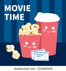 Vector set cute snack food classic popcorn and cold drink. movie tome poster.