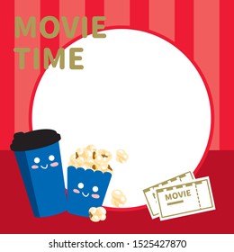 Vector set cute snack food classic popcorn and cold drink. movie tome poster.