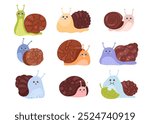 A vector set with cute snails in a cartoon style. The set features smiling snails with a brown shell, sticky slime, which creates a fun and friendly environment.