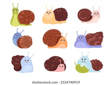 A vector set with cute snails in a cartoon style. The set features smiling snails with a brown shell, sticky slime, which creates a fun and friendly environment.