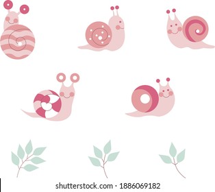 
Vector set with cute snails and twigs. Set of elements from cute snails, pink color, green twigs. Children's print for fabric, toy packaging, wallpaper