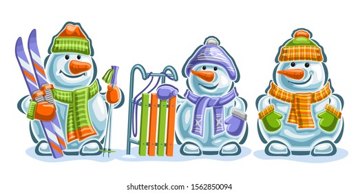 Vector set of cute Snowmans, 3 cut out blue smiling snowmans with carrot noses, sled and sport skis in green and orange mittens, knitted scarves and colorful modern hats on white background.	