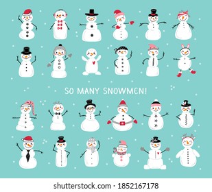 Vector Set of Cute Snowmen. Cartoon Funny Snowman Collection. Winter Holidays, Christmas and New Year Design