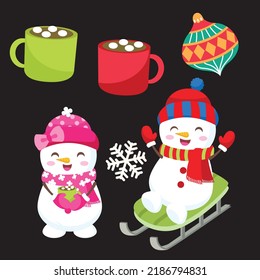 Vector set of cute snowmen. Snowmen are skating and singing. Others are with candy, gifts, baubles, bird or garland. 