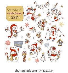 Vector set of cute snowmen. Snowman is skiing. Snowmen with candy, gifts, baubles, Christmas sock, birds or garland. Christmas tree and birdhouse. Music notes and snowflakes. Red, grey and gold colors