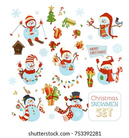 Vector set of cute snowmen. Snowman is skiing. One is with blank tablet. Others are with candy, gifts, baubles, Christmas sock, birds, garland. Christmas tree and birdhouse. Music notes and snowflakes