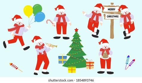 Vector set of cute snowmen in various poses isolated on light background