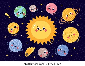 Conjunto de vectores de pegatinas de los planetas del sistema solar lindo