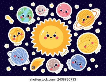 Vector set of cute solar system planets stickers