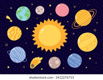 Vector set of cute solar system planets stickers