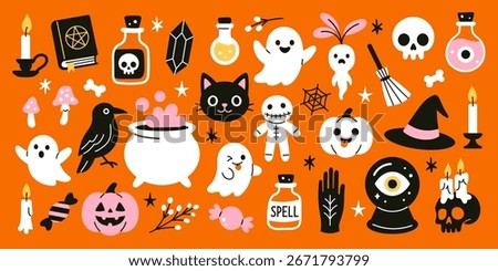 Vector set of cute and spooky Halloween clipart. Ghosts, skull, raven, black cat, pumpkin, witch hat, spell book, potions, candles, other holiday symbols in flat design. Funny halloween collection.