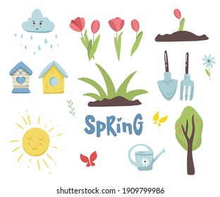 Vector set of cute spring cartoon plants and decorations. Garden party. Collection of scrapbook elements with watering can, flowers, butterfly, shovel, rake, tulips