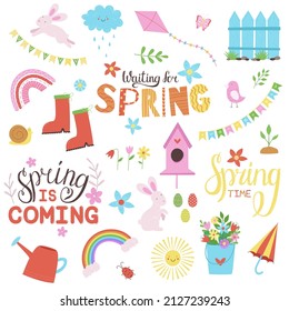 Vector set of cute spring cartoon characters, lettering, plants and decorations. Vector colorful handwritten typography. Happy Easter elements. Collection of colorful elements with animals, bird and