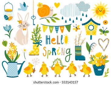 Vector set of cute spring cartoon characters, plants and decorations. Garden party. Collection of scrapbook elements with animals, bird and flowers.