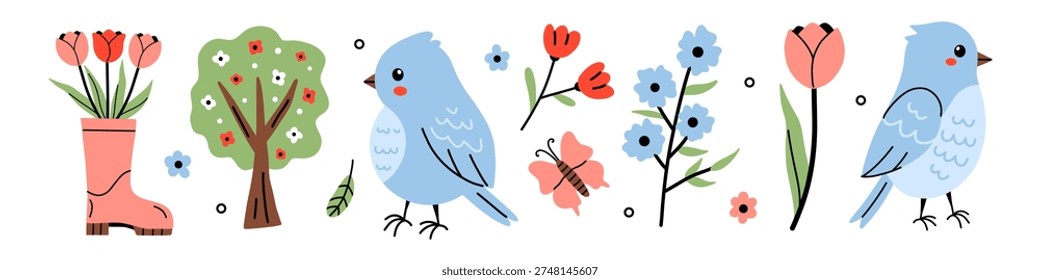 Vector set of cute spring garden elements with tulip bouquet in rain boot, blooming tree, flowers, blue bird, butterfly. Playful seasonal illustration for card, banner, sticker, children book.