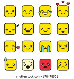 Vector set of cute square kawaii emojis