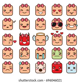 Vector set of cute square kawaii emojis