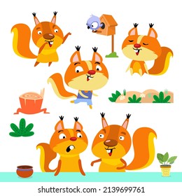 Vector set of cute squirrels in cartoon style. Color animals for book, games. Funny characters.