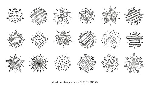 Vector Set of Cute Stars with Abstract Patterns. Hand Drawn Doodle Different Star Icons. Black and White Illustration