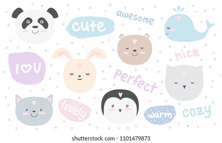 Vector set of cute stickers with animals. Adorable objects isolated on background, pastel colors. Valentine's day, anniversary, save the date, baby shower, bridal, birthday
