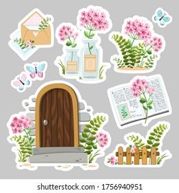 Vector set of cute stickers with delicate flowers, a book, a fern, butterflies, a letter, a bouquet of flowers in a jar. Valentine's Day, Anniversary, Save the Date, Wedding, Birthday