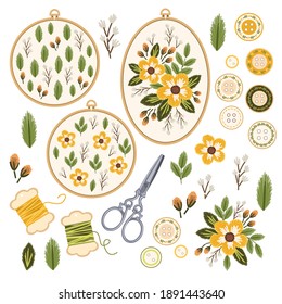 Vector set of cute stickers embroidered elements, small scissors, decorative buttons, embroidered hoops. Anniversary, Save the Date, Wedding, Birthday.