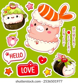 Vector Set of cute stickers with funny animal, sushi and rolls in kawaii style. Japanese traditional cuisine dishes. Can be used for t-shirt print, sign patch bundle, greeting card, menu design 