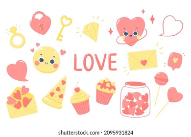 Vector set of cute stickers with hearts about love. Isolated on white background.