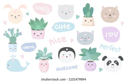 Vector set of cute stickers with house plants and animals. Adorable objects isolated on background, pastel colors. Valentine's day, anniversary, save the date, baby shower, bridal, birthday
