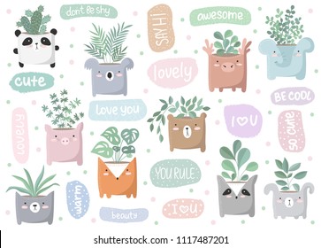 Vector set of cute stickers with house plant in funny animal pot. Poster with adorable objects on background, pastel colors. Valentine's day, anniversary, save the date, baby shower, bridal, birthday