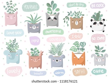 Vector set of cute stickers with house plant in funny animal pot. Poster with adorable objects on background, pastel colors. Valentine's day, anniversary, save the date, baby shower, bridal, birthday